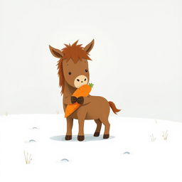 In a snowy landscape, a small brown pony gently hugs a bright orange carrot with a playful expression