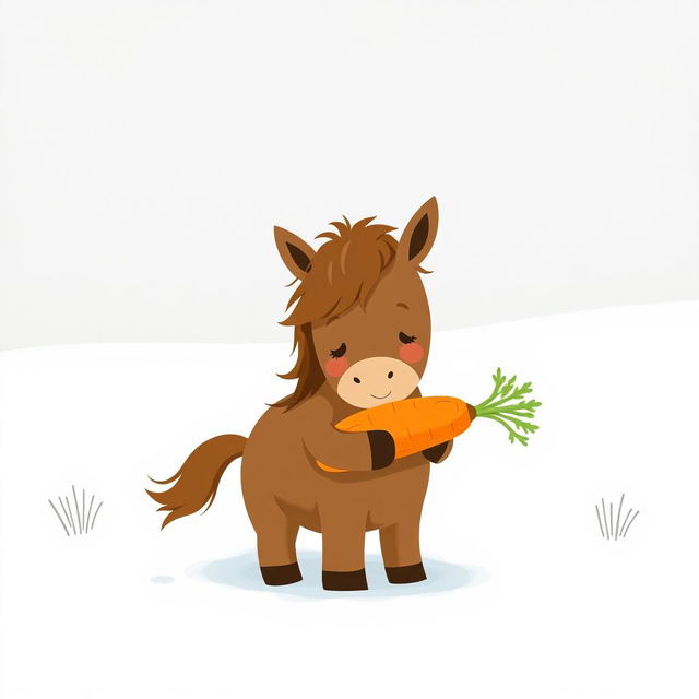 In a snowy landscape, a small brown pony gently hugs a bright orange carrot with a playful expression
