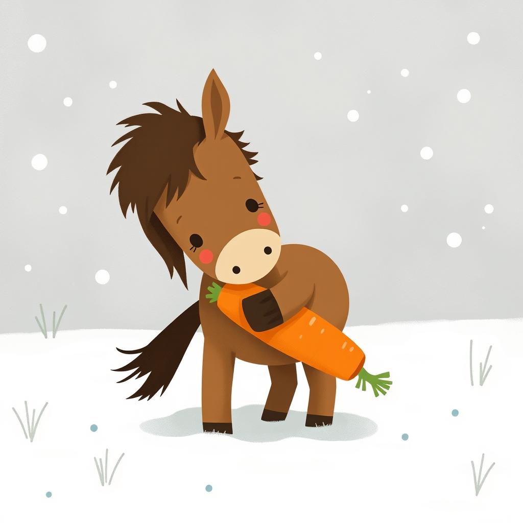 In a snowy landscape, a small brown pony gently hugs a bright orange carrot with a playful expression