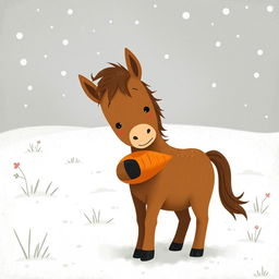 In a snowy landscape, a small brown pony gently hugs a bright orange carrot with a playful expression