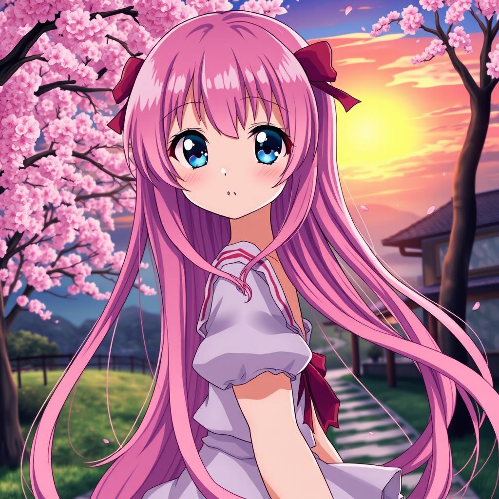 A captivating anime girl with long, flowing pink hair that cascades down her back