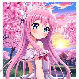 A captivating anime girl with long, flowing pink hair that cascades down her back