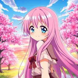 A captivating anime girl with long, flowing pink hair that cascades down her back