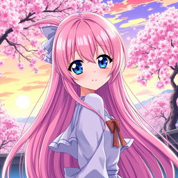 A captivating anime girl with long, flowing pink hair that cascades down her back