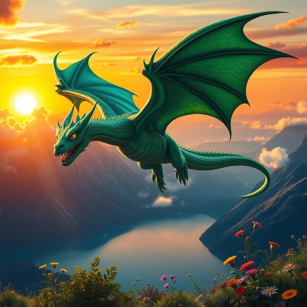 A stunning dragon flying majestically over a serene mountain landscape at sunset