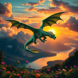 A stunning dragon flying majestically over a serene mountain landscape at sunset