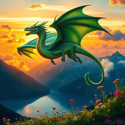 A stunning dragon flying majestically over a serene mountain landscape at sunset
