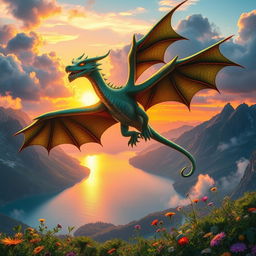 A stunning dragon flying majestically over a serene mountain landscape at sunset