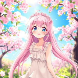 A beautiful anime girl with long flowing pink hair, sparkling bright blue eyes, and a cheerful expression
