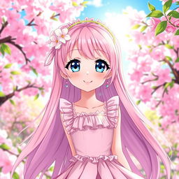 A beautiful anime girl with long flowing pink hair, sparkling bright blue eyes, and a cheerful expression