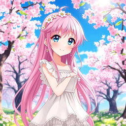 A beautiful anime girl with long flowing pink hair, sparkling bright blue eyes, and a cheerful expression