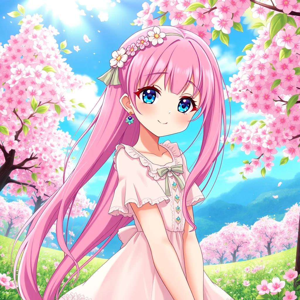 A beautiful anime girl with long flowing pink hair, sparkling bright blue eyes, and a cheerful expression