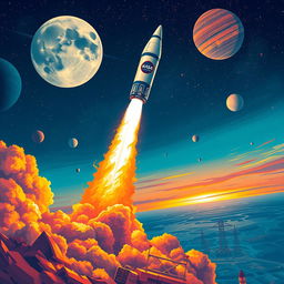 A vibrant digital art poster depicting a spectacular rocket launch into space