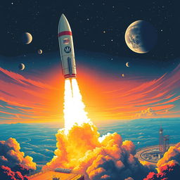 A vibrant digital art poster depicting a spectacular rocket launch into space