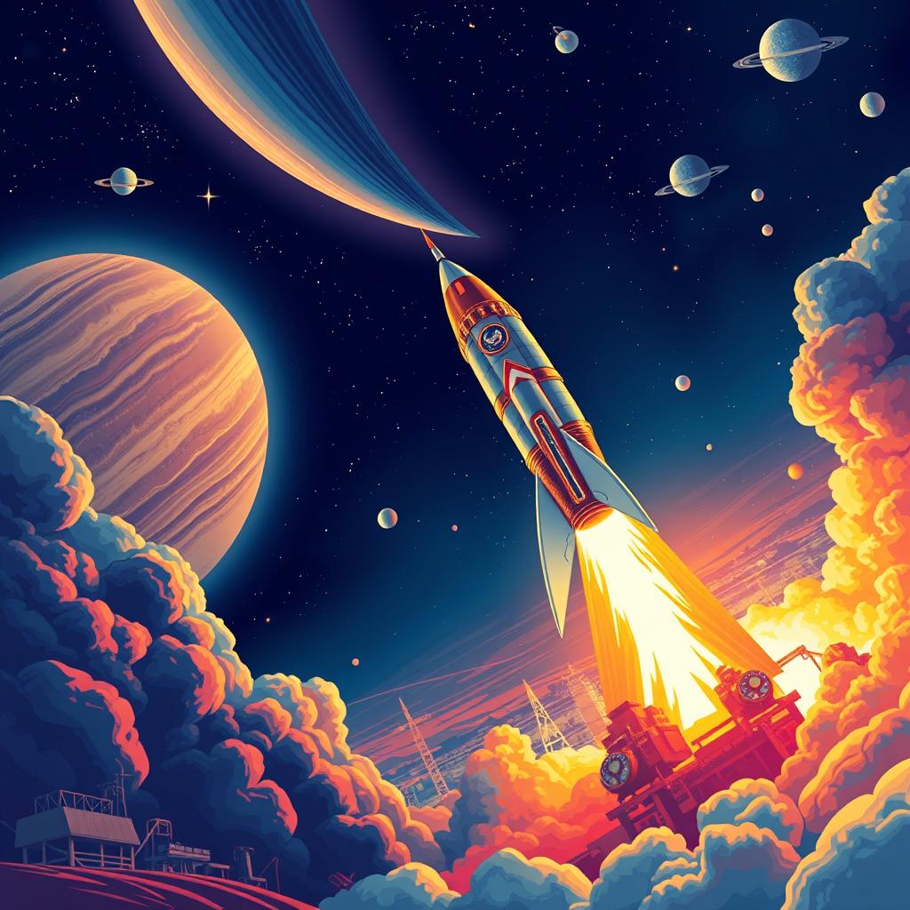 A vibrant digital art poster depicting a spectacular rocket launch into space