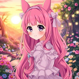 A stunning anime girl with long, vibrant pink hair that cascades down her back, styled in loose waves