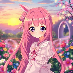 A stunning anime girl with long, vibrant pink hair that cascades down her back, styled in loose waves