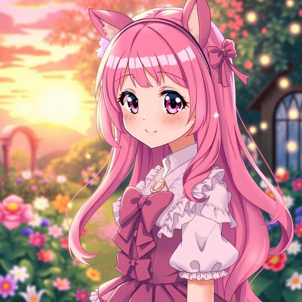 A stunning anime girl with long, vibrant pink hair that cascades down her back, styled in loose waves