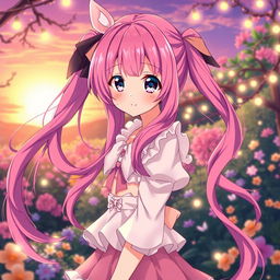 A stunning anime girl with long, vibrant pink hair that cascades down her back, styled in loose waves