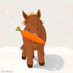 In a snowy landscape, a small brown pony walks forward, gently hugging a bright orange carrot with its mouth