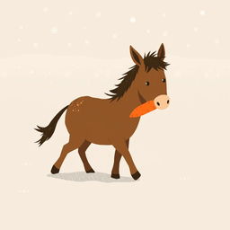 In a snowy landscape, a small brown pony walks forward, gently hugging a bright orange carrot with its mouth