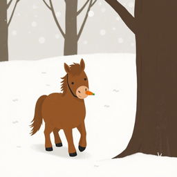 In a snowy landscape, a small brown pony walks forward, gently hugging a bright orange carrot with its mouth