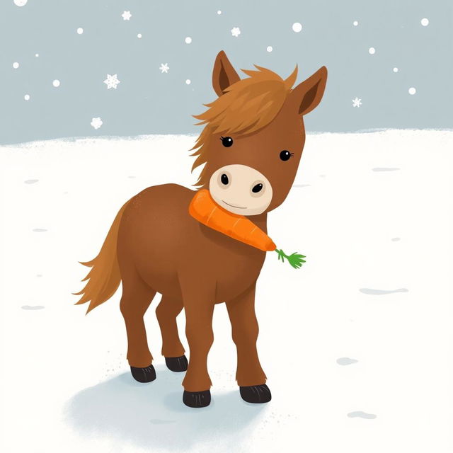 In a snowy landscape, a small brown pony walks forward, gently hugging a bright orange carrot with its mouth