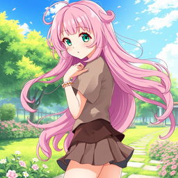 A beautiful anime girl with long, luscious pink hair adorned with soft curls, flowing elegantly down her back