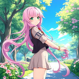 A beautiful anime girl with long, luscious pink hair adorned with soft curls, flowing elegantly down her back