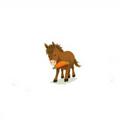 In a snowy landscape, a small brown pony walks forward, cradling a bright orange carrot in its arms