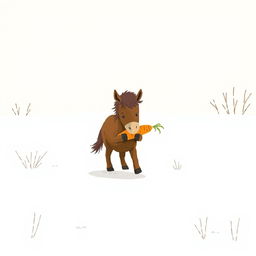 In a snowy landscape, a small brown pony walks forward, cradling a bright orange carrot in its arms