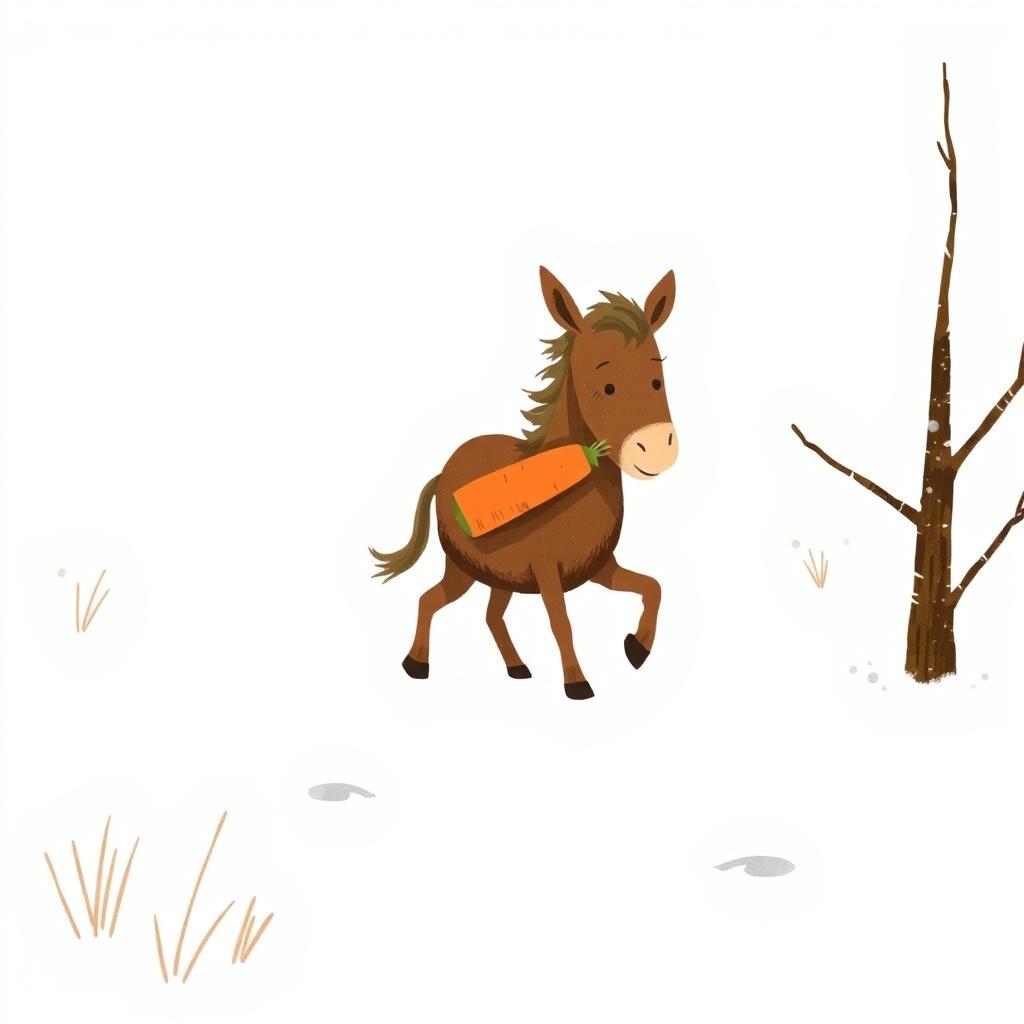 In a snowy landscape, a small brown pony walks forward, cradling a bright orange carrot in its arms