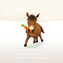 In a snowy landscape, a small brown pony walks forward, cradling a bright orange carrot in its arms