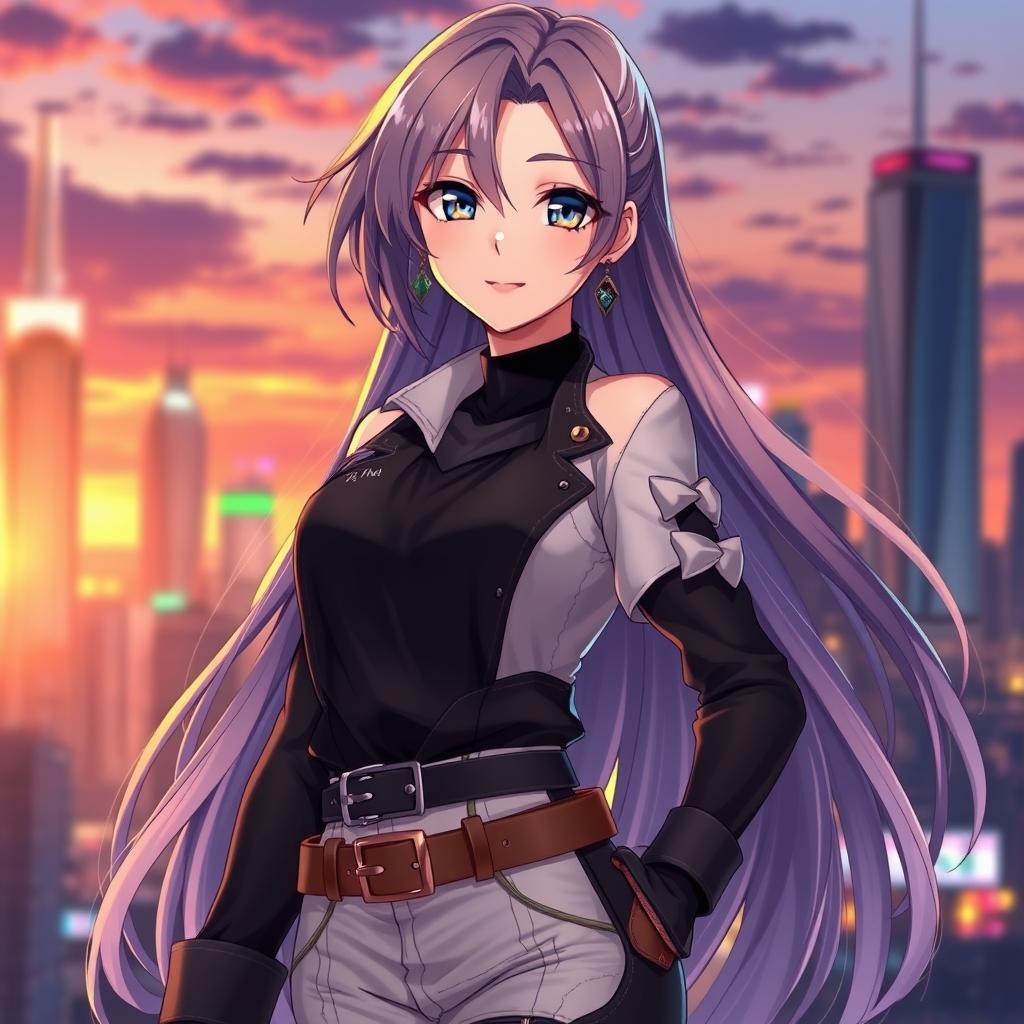 A beautiful anime girl with striking features, long flowing hair that glistens in the light, and captivating eyes full of emotion