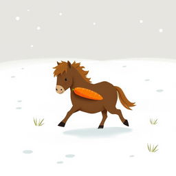 In a snowy landscape, a small brown pony is trotting forward, cradling a bright orange carrot in its arms