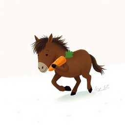 In a snowy landscape, a small brown pony is trotting forward, cradling a bright orange carrot in its arms