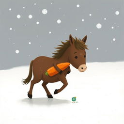 In a snowy landscape, a small brown pony is trotting forward, cradling a bright orange carrot in its arms