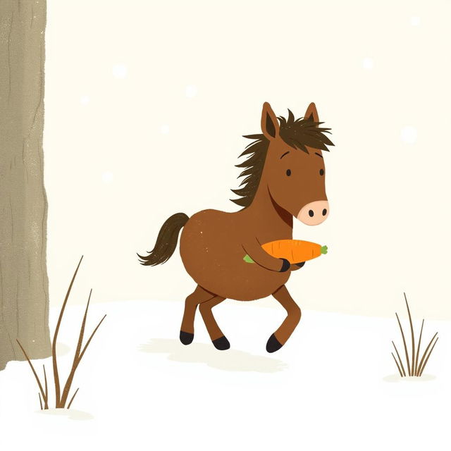 In a snowy landscape, a small brown pony is trotting forward, cradling a bright orange carrot in its arms