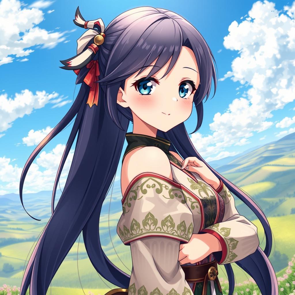 A beautiful anime girl with striking features and long, silky hair that flows down her back