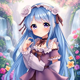 A beautiful anime girl with enchanting features and waist-length, flowing hair that shimmers in various shades of blue