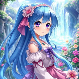 A beautiful anime girl with enchanting features and waist-length, flowing hair that shimmers in various shades of blue