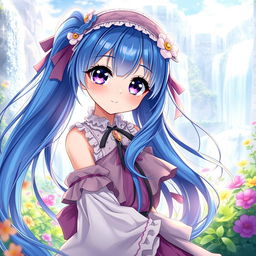 A beautiful anime girl with enchanting features and waist-length, flowing hair that shimmers in various shades of blue