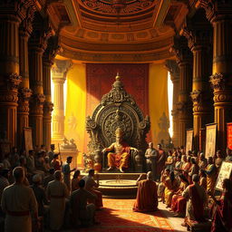 A grand ancient Indian king's court, featuring an opulent throne adorned with intricate carvings and jewels, surrounded by dignitaries in traditional royal attire
