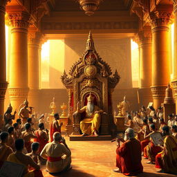 A grand ancient Indian king's court, featuring an opulent throne adorned with intricate carvings and jewels, surrounded by dignitaries in traditional royal attire