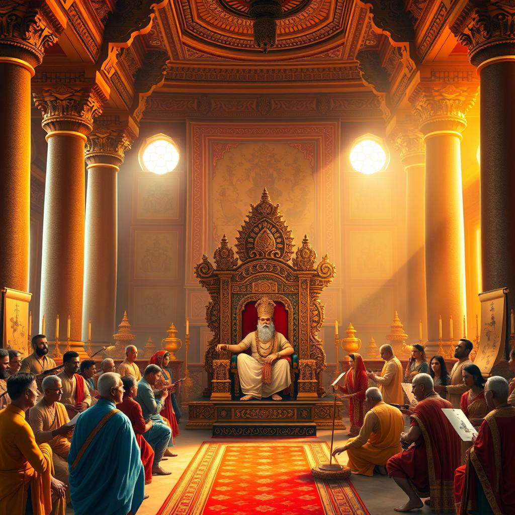 A grand ancient Indian king's court, featuring an opulent throne adorned with intricate carvings and jewels, surrounded by dignitaries in traditional royal attire
