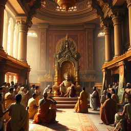 A grand ancient Indian king's court, featuring an opulent throne adorned with intricate carvings and jewels, surrounded by dignitaries in traditional royal attire