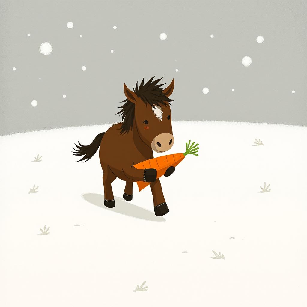 In a snowy landscape, a small brown pony with a slightly white forehead is trotting forward, cradling a bright orange carrot in its arms