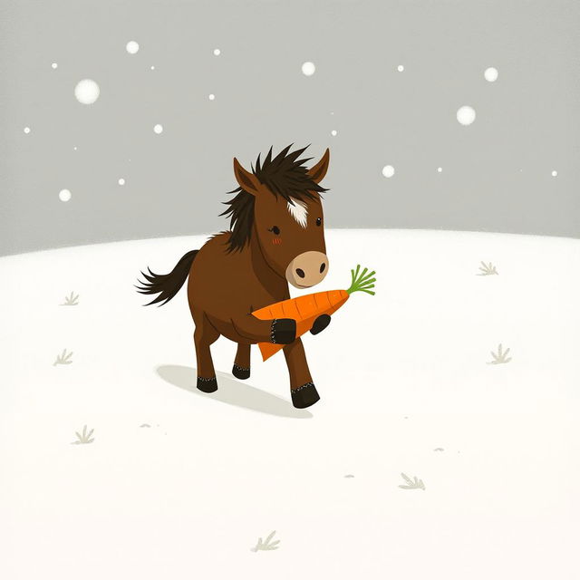 In a snowy landscape, a small brown pony with a slightly white forehead is trotting forward, cradling a bright orange carrot in its arms