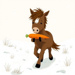 In a snowy landscape, a small brown pony with a slightly white forehead is trotting forward, cradling a bright orange carrot in its arms