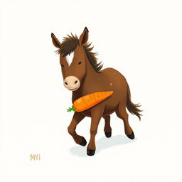 In a snowy landscape, a small brown pony with a slightly white forehead is trotting forward, cradling a bright orange carrot in its arms